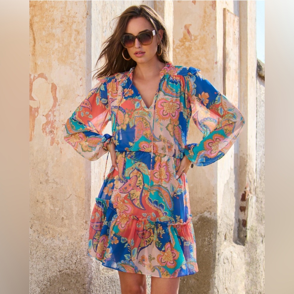 Boston Proper Womens Small Blue Multicolor Floral Paisley Beach Boho Sheer Dress